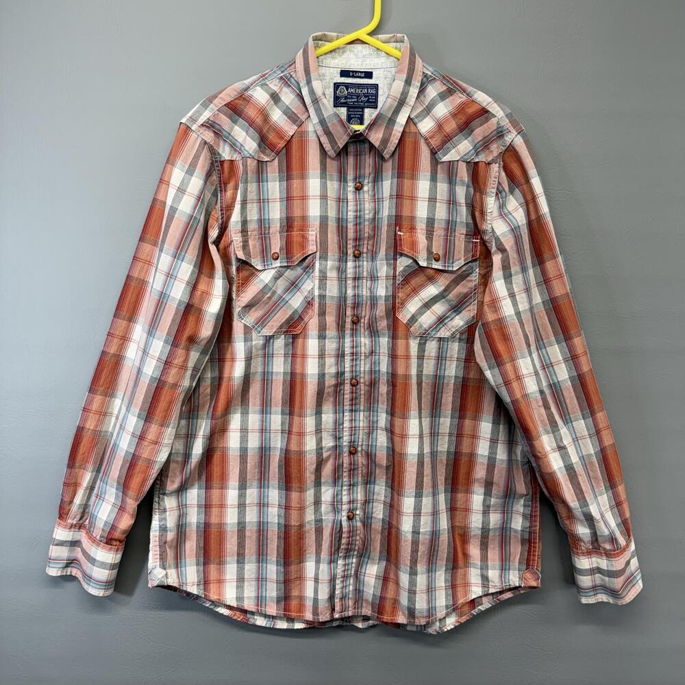 American Rag Shirt Mens X-Large Orange Plaid Pearl Snap Long Sleeve 100% Cotton